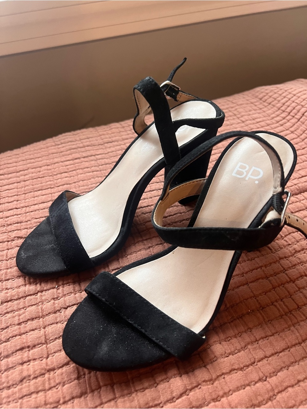 bp Black Suede Open-Toe Block Heel Sandals